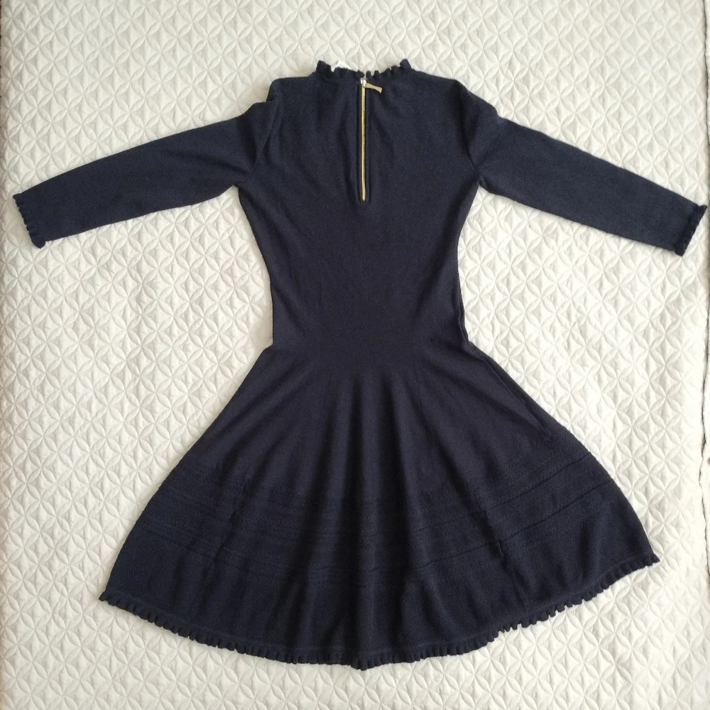 Kate Spade Sweater Knit Pointelle Dress Ruffle Neck Sleeves Fit & Flare Academia